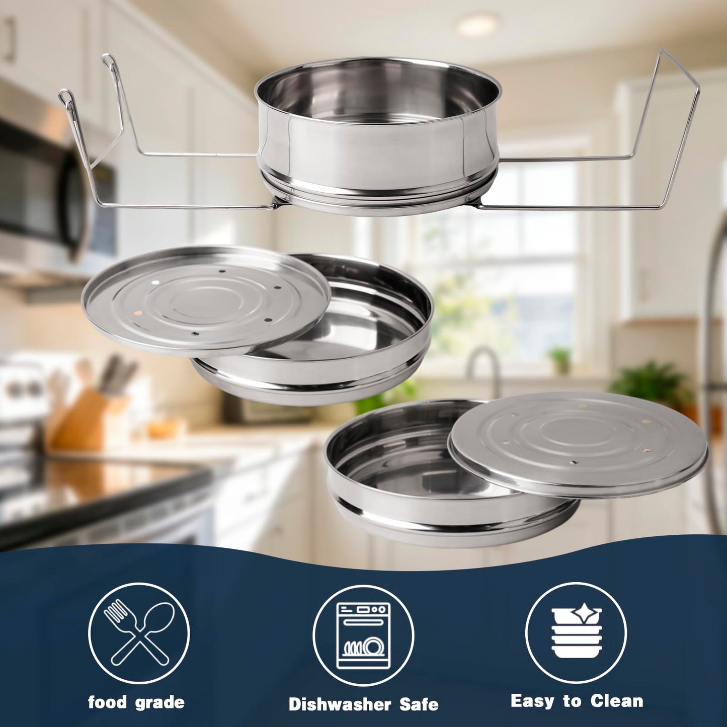 YQGQSUAK 3-Tier Stackable Steamer Insert Pans with Sling for Instant Pot Accessories 6/8 Qt - Pot in Pot, Food Steaming Trays, Dishwasher Safe, 304 Stainless Steel, 7.6" x 8.3"