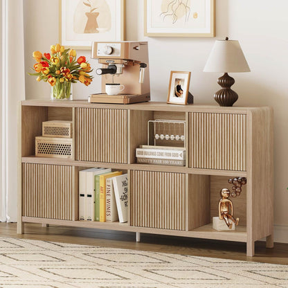 FATORRI 8 Cube Bookshelf with 4 Doors, Modern Mid Century Wood Book Shelf with Storage, Low Horizontal Cubby Bookcase for Home Office (Light Walnut)