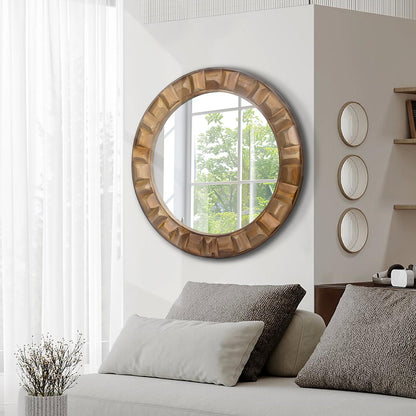 XGGJWW 30 Inch Dark Solid Wood Round Wall Mirror, Brown Wooden Decorative Circle Mirror for Bathroom, Bedroom, Living Room, Entryway, Hallway, or Foyer