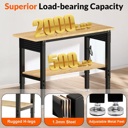 MUWOOD Adjustable Height Work Bench 48×24 Workbench for Garage with Under Table Shelf Heavy Duty Rubber Wood Work Table for Shop Woodworking, Office, Home, Commercial