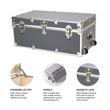 Rhino Trunk & Case Small Essential Trunk With Wheels, Tray, & Lid Organizer - 30"x17"x13", 1000+ lbs Capacity. Strong, USA Made Summer Camp Footlocker, and Secure College Dorm Storage Chest