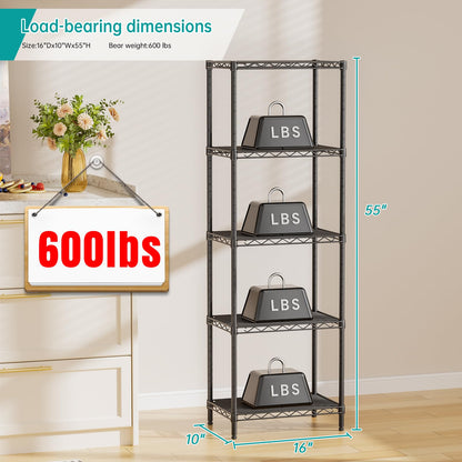 SINGAYE Metal Shelves Wire Shelving：Storage Rack Standing Units Shelf for Kitchen Laundry Bathroom Closet Organizers Pantry Narrow Mesh Adjustable 10" D x 16" W x 55" H Black