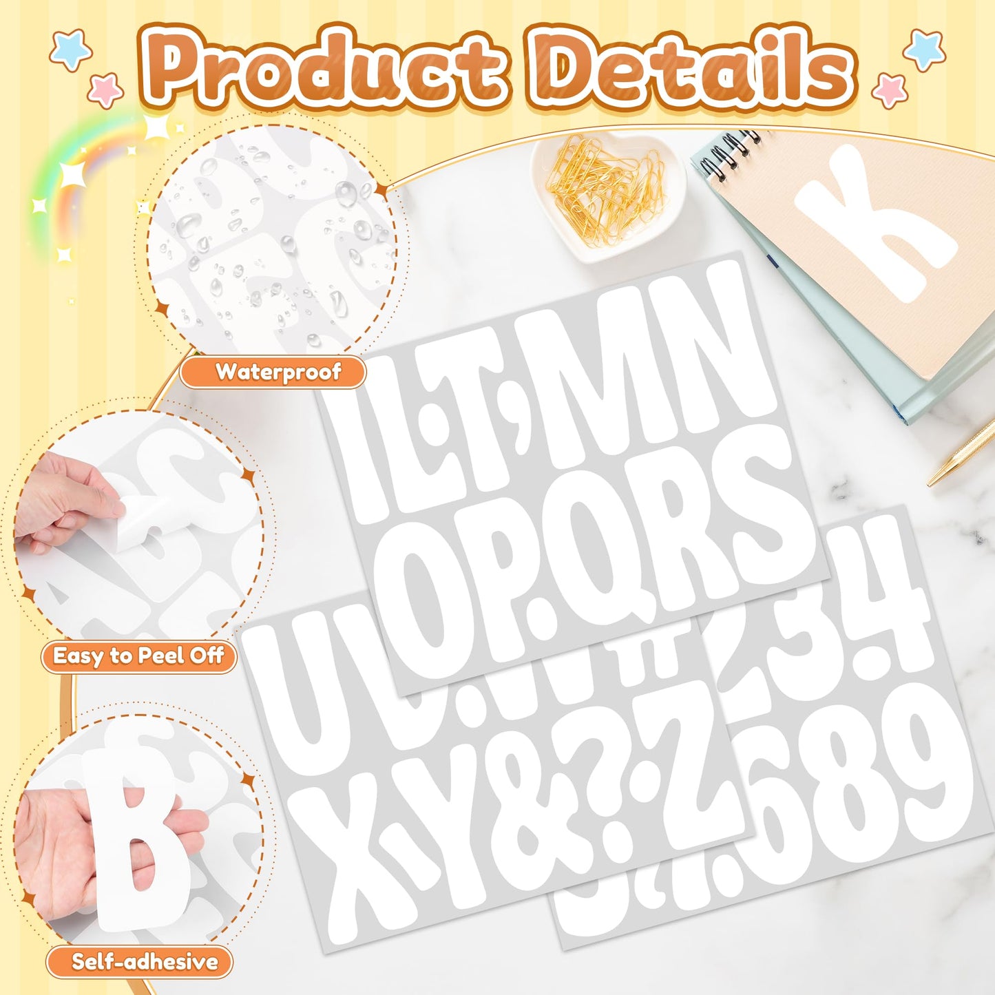 300 PCS Letter Stickers Bulletin Board Letters 24 Sheets Large Alphabet Number Stickers Waterproof Vinyl Self-Adhesive Letters for Poster Board Mailbox Crafts Classroom Home Party Decor(White, 4 Inch)