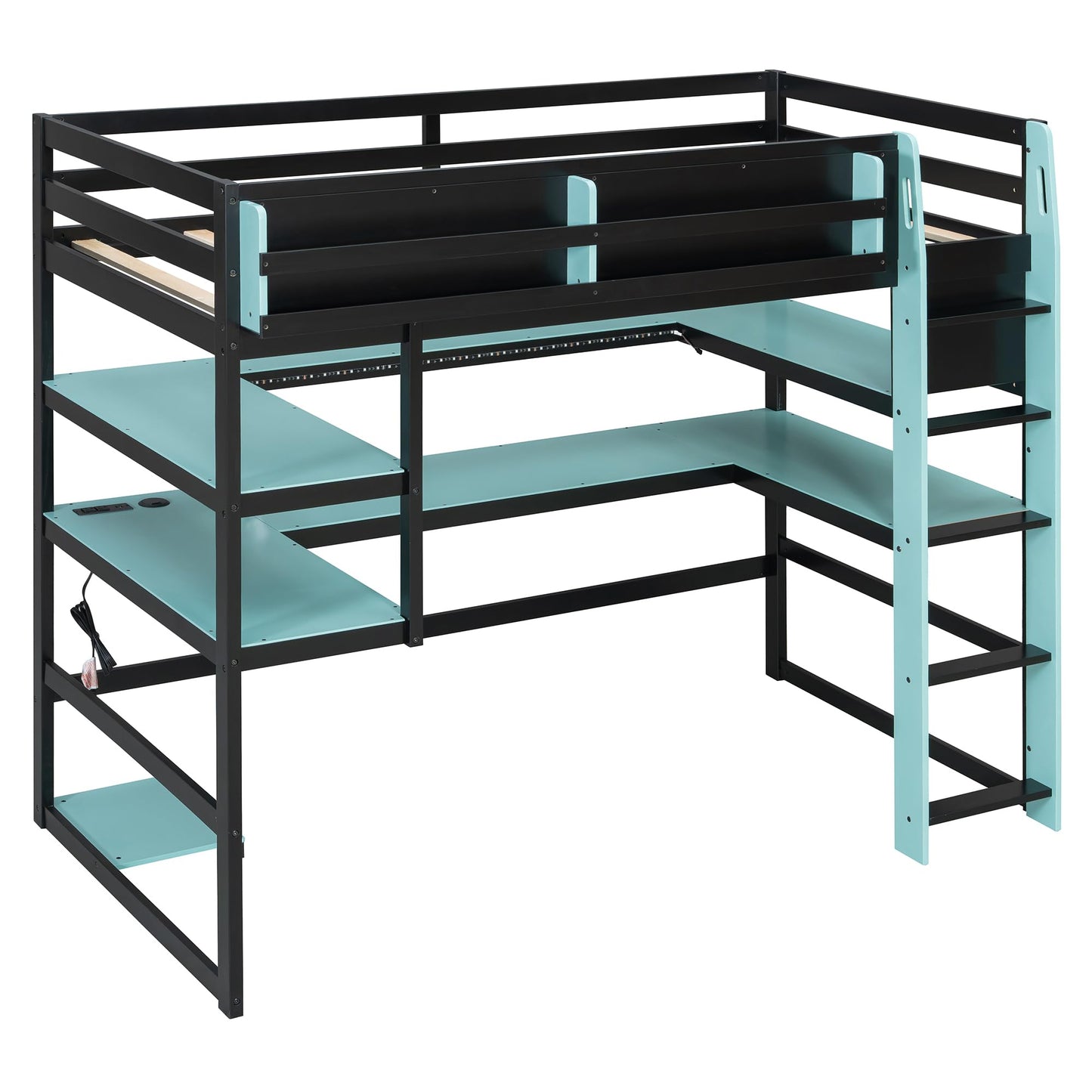 Merax Twin Size Wood Loft Bed with Desk, Side Storage Rack, Multi-Storage Shelves and USB Ports, Space-Saving Loft Bed for Teens, Adults, Blue