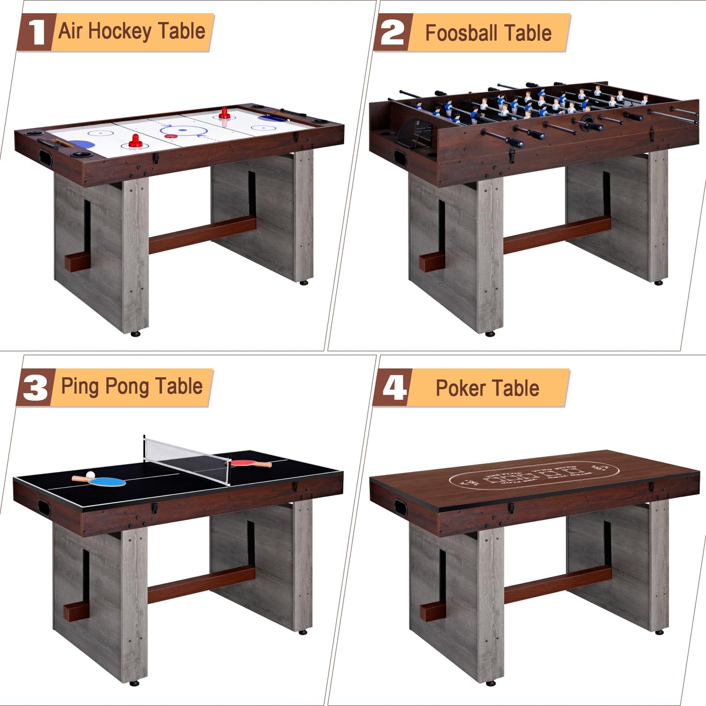 4-in-1 Combo Game Table – 55" Multi-Game Table with Foosball, Electric Air Hockey (Powerful 700mA Motor), Ping Pong & Poker – Great for Home & Game Room Fun