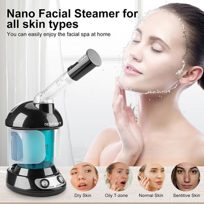 Facial Steamer - DENFANY Nano Ionic Face Steamer with Extendable 360° Rotating Arm - Portable Facial Steamer for Personal Care at Home or Salon (Blue)