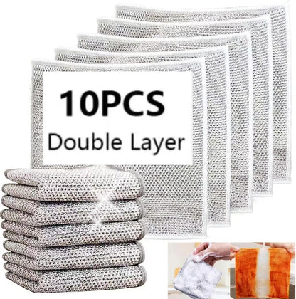 10PCS Rags Dishwash Cleaning Wire Dishcloth, Non-Scratch Kitchen Washcloths for Washing Dishes, Double Layer