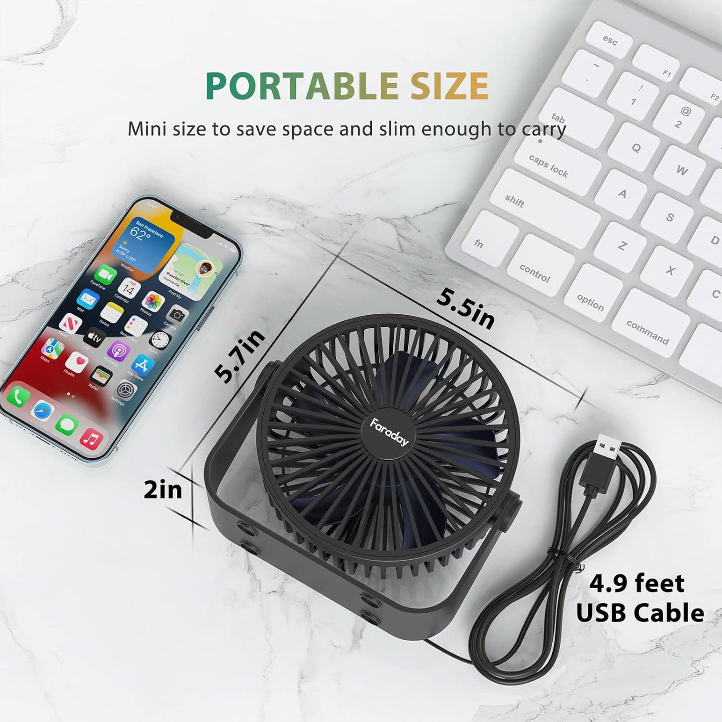 FARADAY USB Desk Fans, 5 Inches Portable Table Fans with 360° Head Rotation for Home Office, 3 Speeds, Black