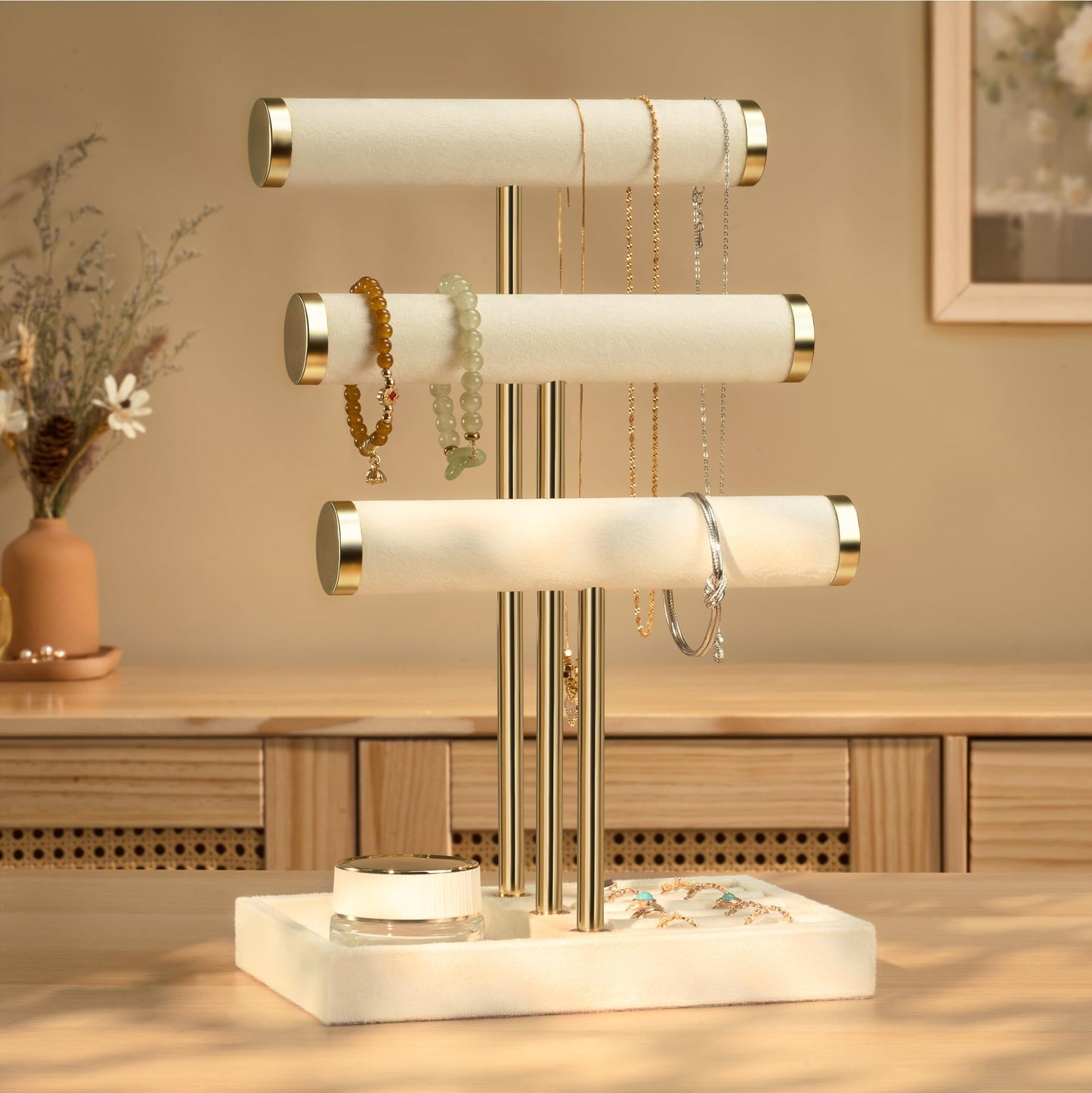 3 Tier Bracelet Holder Display - Detachable T Bar Beige Velvet Bracelet Holder, Jewelry Holder Organizer for Bracelet, Necklace, Watches, Rings