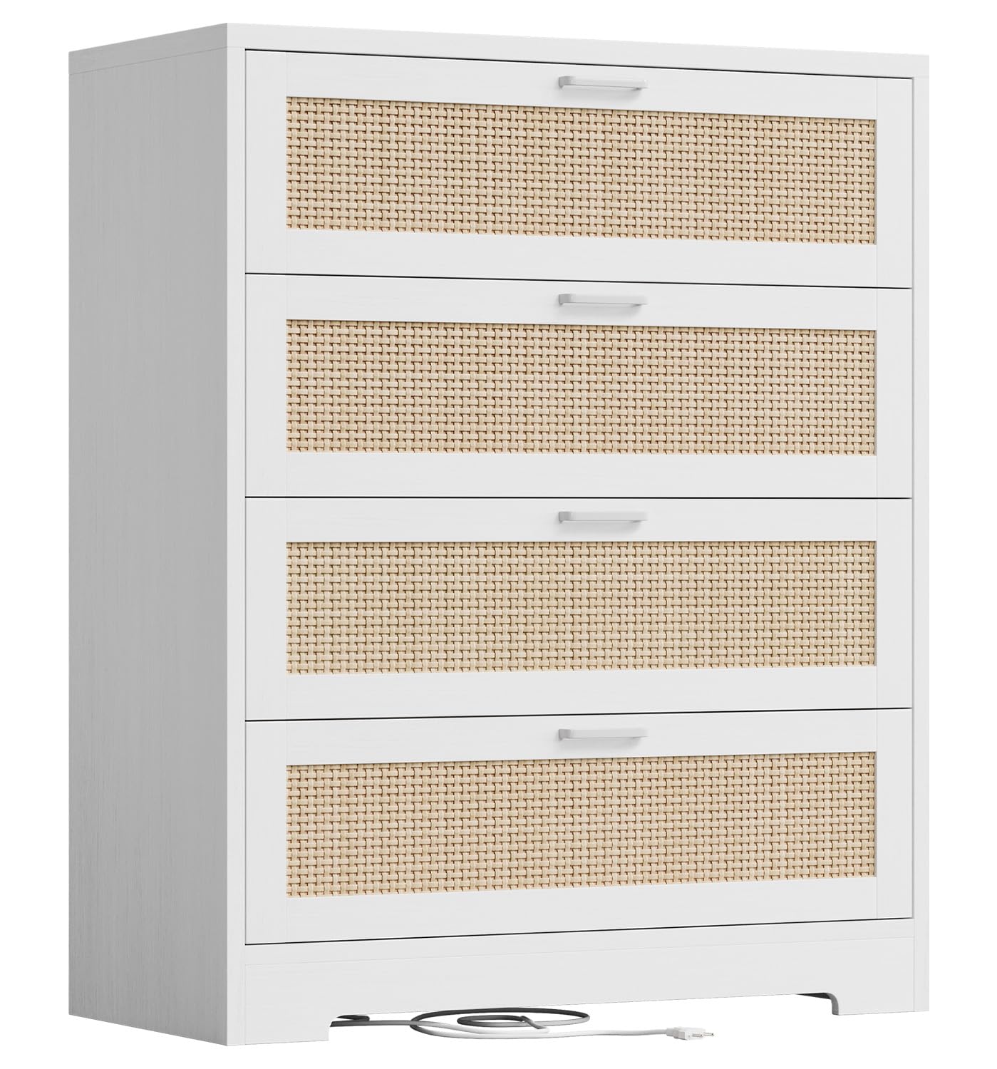 GarveeHome Rattan Dresser, Tall Chest of Drawers, Wood Dresser for Bedroom, Closet, Living Room, Hallway (White, 15.8" D x 31.5" W x 38.6" H (4 Rattan Drawers))