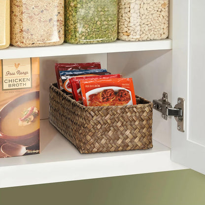 BSTKEY Seasoning Packet Organizer, Food Storage Organizer with 4 Compartments, Seagrass Woven Divided Basket for Kitchen Pantry Cabinet, Kitchen Organization Bin for Snacks Spice Packets