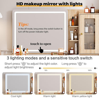 Arulvmrn Vanity Desk with Mirror and Lights, with Power Outlet and 10 Lights Modern Capacity Makeup Vanity with 3 Drawers, Makeup Table for Bedroom,Makeup Room,White