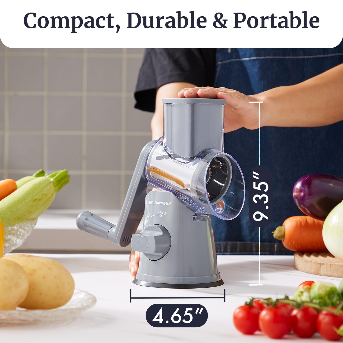 Elite Gourmet EFP593 Rotary Cheese Grater with 3 Stainless-Steel Blades for Slicing, Shredding & Fine Shredding, Strong Suction Base, Dishwasher-Safe, Grey