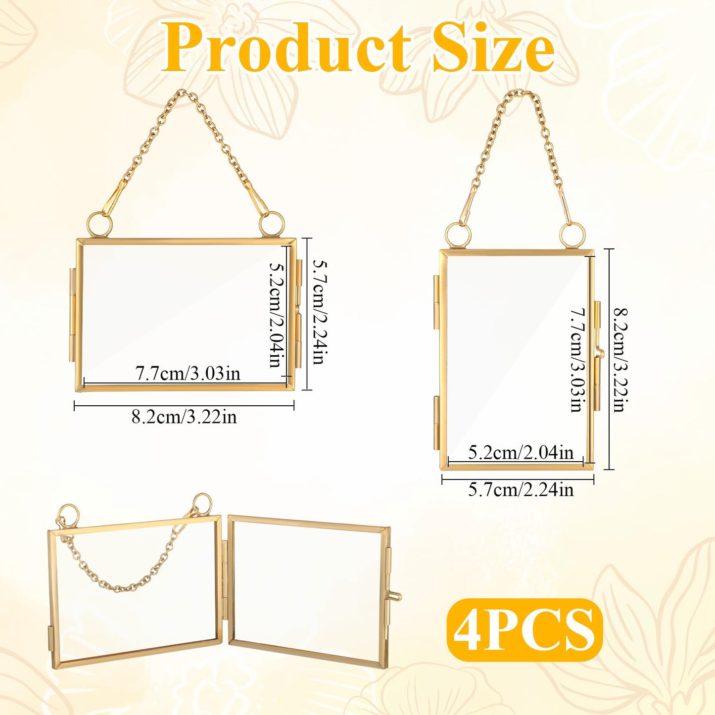 4Pcs Double Glass Frame for Pressed Flowers, 2x3 inch Brass Clear Pressed Flower Decor with Chain, Gold Floating Hanging Photo Frame, Horizontal Vertical Frames for Specimen Artwork Display Decor