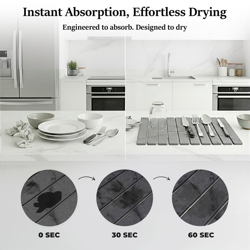 Large Stone Dish Drying Mat for Kitchen Counter 23.5”x 15.25” – Elegant Marbled-Inspired Surface Quick-Dry Absorbent Diatomaceous Earth - Multi-Use & Kitchen Mat for Dishes & Bottle Cups (Dark Gray)