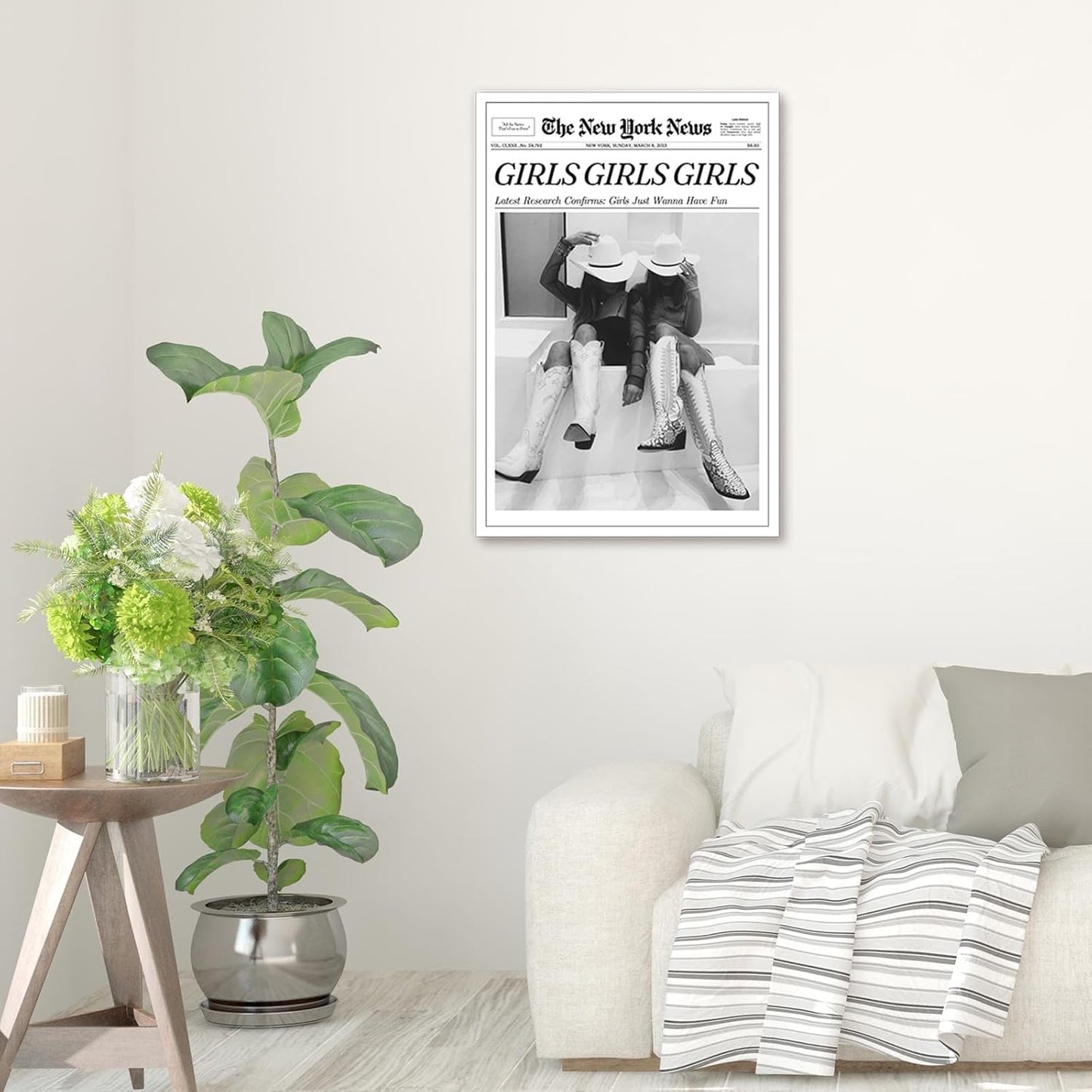 FBKDVC 24x36in Trendy Coastal Cowgirl Newspaper Wall Art Print Poster Black Canvas Wall Art Prints Girls Just Wanna