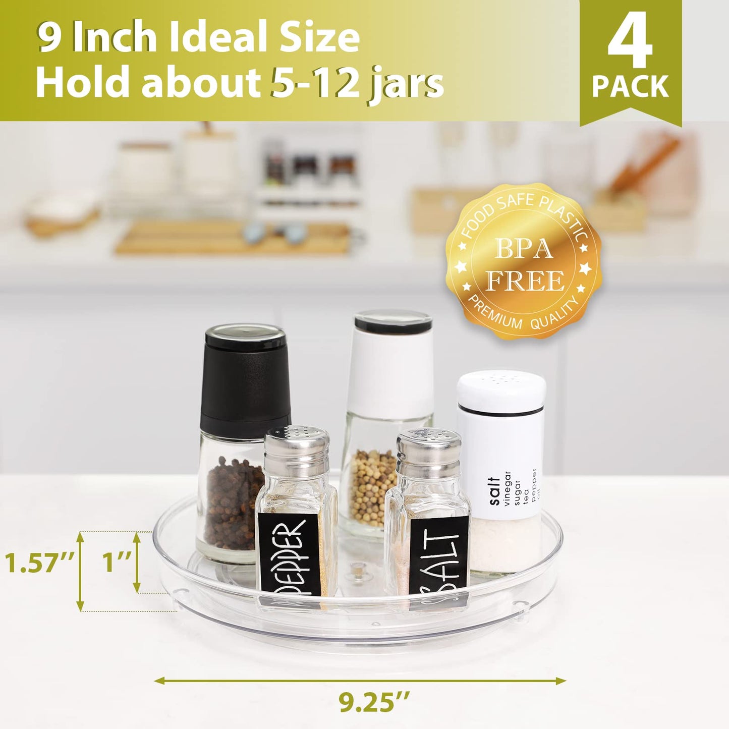 4 Pack Lazy Susan Organizer for Cabinet, Upgraded 11.5" Clear Turntable Organizer with Handles and Raised Edge, Rotating Lazy Susan Spice Storage for Kitchen, Pantry, Refrigerator, Bathroom, Table