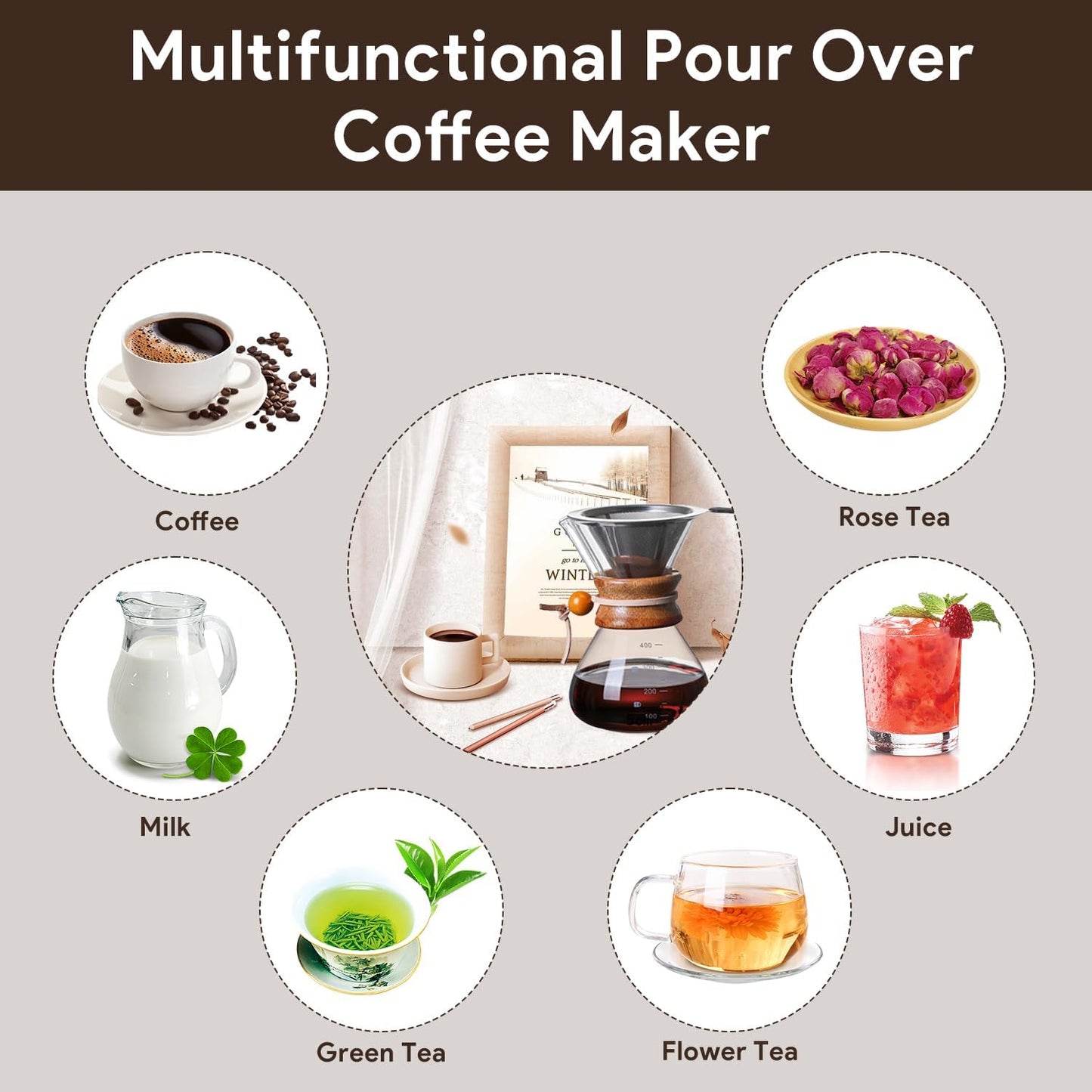 Tissting Wood Neck Pour Over Coffee Maker, 400ml Sleeve Brewer with Permanent Stainless Steel Filter