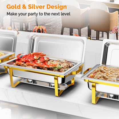 Bonnlo 8 Pack Chafing Dishes for Buffet, 9 Qt Stainless Steel Food Warmer Set with Lids, Rolled Edge Catering Chafer with Folding Frame for Wedding, Banquet, Party & Hotel Service, Silver & Gold