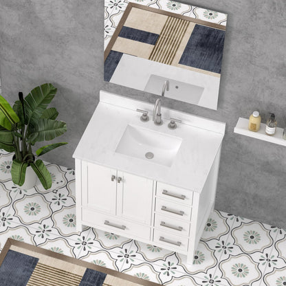 36"x22" Vanity Top with Sink, Quartz Bathroom Vanity Top with Rectangular Undermount Middle Ceramic Sink with 8 Inch Faucet Holes, Spread with One 4" Height Backsplash in Cirrus White