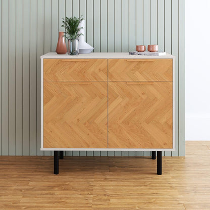 Manhattan Comfort Liam 35 Inch Mid Century Modern Accent Cabinet with 2 Drawers & 2 Soft Close Doors with Scratch Resistant Finish, Versatile Storage Console, White/Wood Print