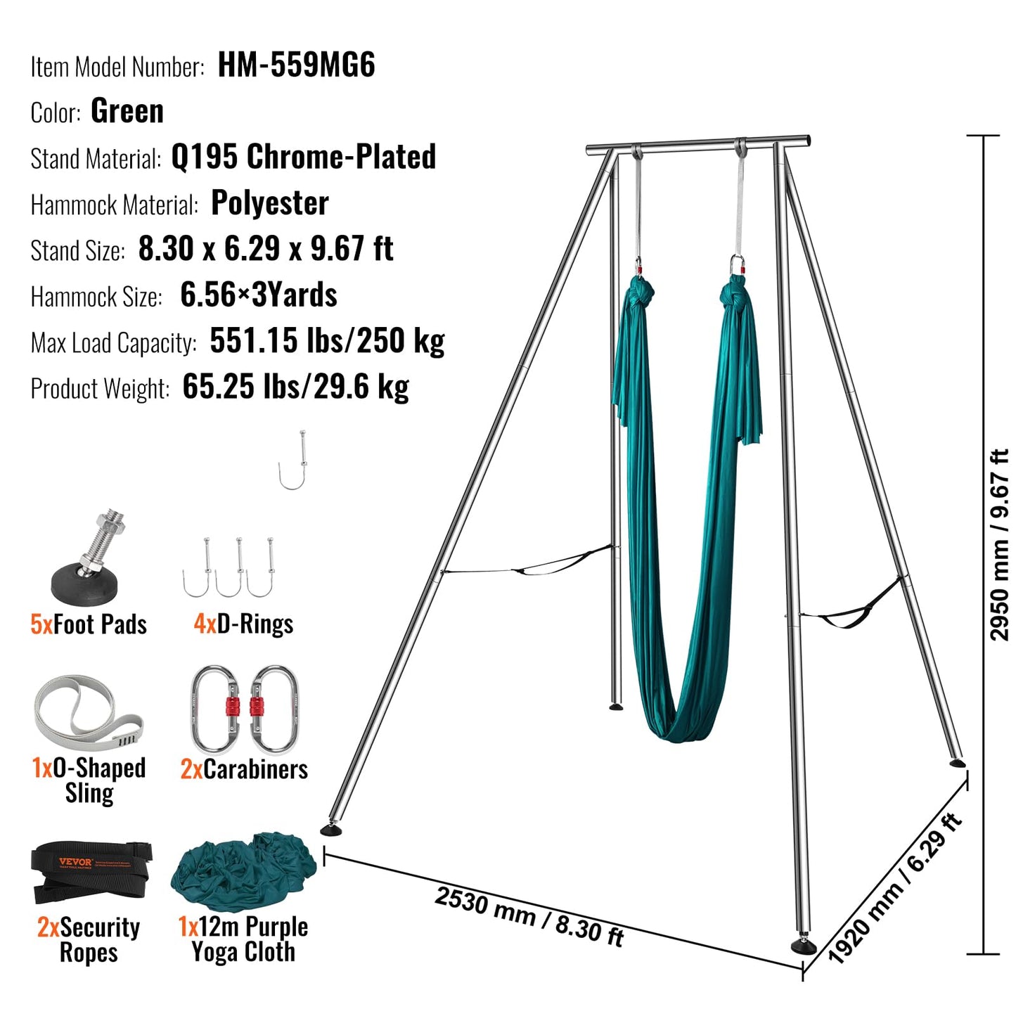 VEVOR Yoga Swing Stand & Hammock, 9.67 ft Tall, Professional Aerial Yoga Setup with 6.6 Yards Swing, Supports Up to 551.15 lbs, Ideal for Both Indoor and Outdoor Use, Green