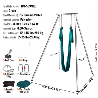 VEVOR Yoga Swing Stand & Hammock, 9.67 ft Tall, Professional Aerial Yoga Setup with 6.6 Yards Swing, Supports Up to 551.15 lbs, Ideal for Both Indoor and Outdoor Use, Green