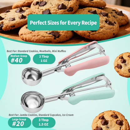 Cookie Scoops for Baking Set of 2, 18/8 Stainless Steel Ice Cream Scoop Set with Ergonomic Soft Grip, Spring Trigger Release Cookie Dough Scooper for Cupcakes, Muffins, Meatballs - Pink & Mint Green