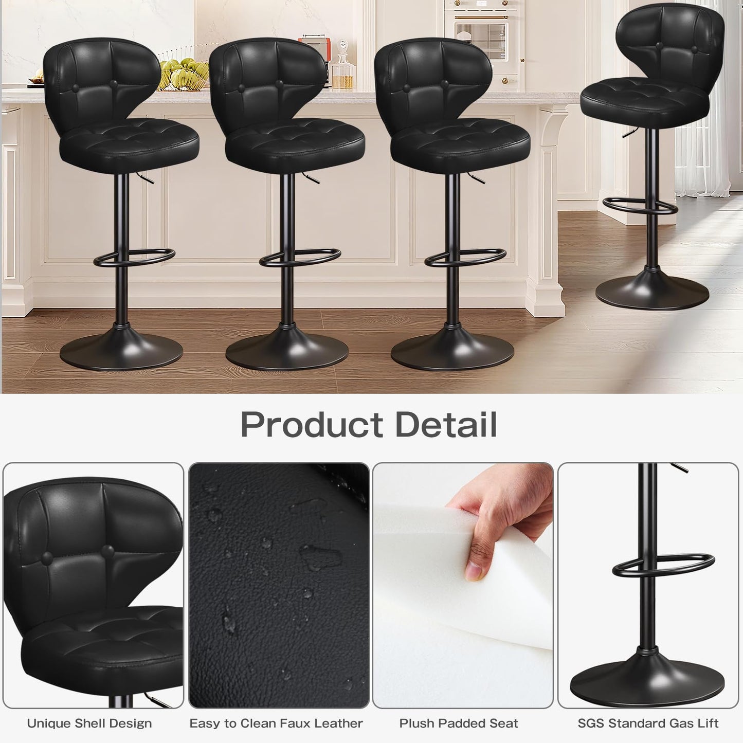 Walktory Bar Stools Set of 6, Adjustable Swivel Bar Stools with Back, Counter Height Bar Chairs with Footrest, PU Leather Padded Seat, Metal Base, Kitchen Island Dining Room Black