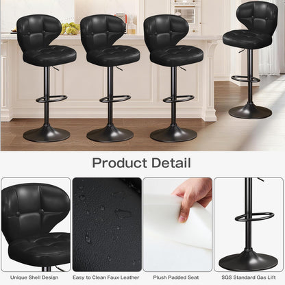 Walktory Bar Stools Set of 6, Adjustable Swivel Bar Stools with Back, Counter Height Bar Chairs with Footrest, PU Leather Padded Seat, Metal Base, Kitchen Island Dining Room Black