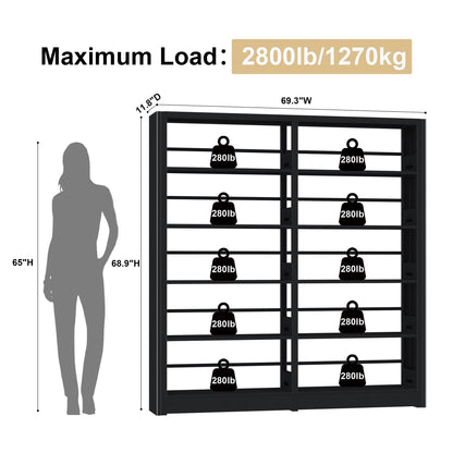 LyAosdFu 5-Tier Industrial Bookshelf, Black Bookcases and Bookshelves,Tall Metal Bookshelf Storage Organizer,Freestanding Book Shelf for Living Room,Home Office (Black, Shelf-2)