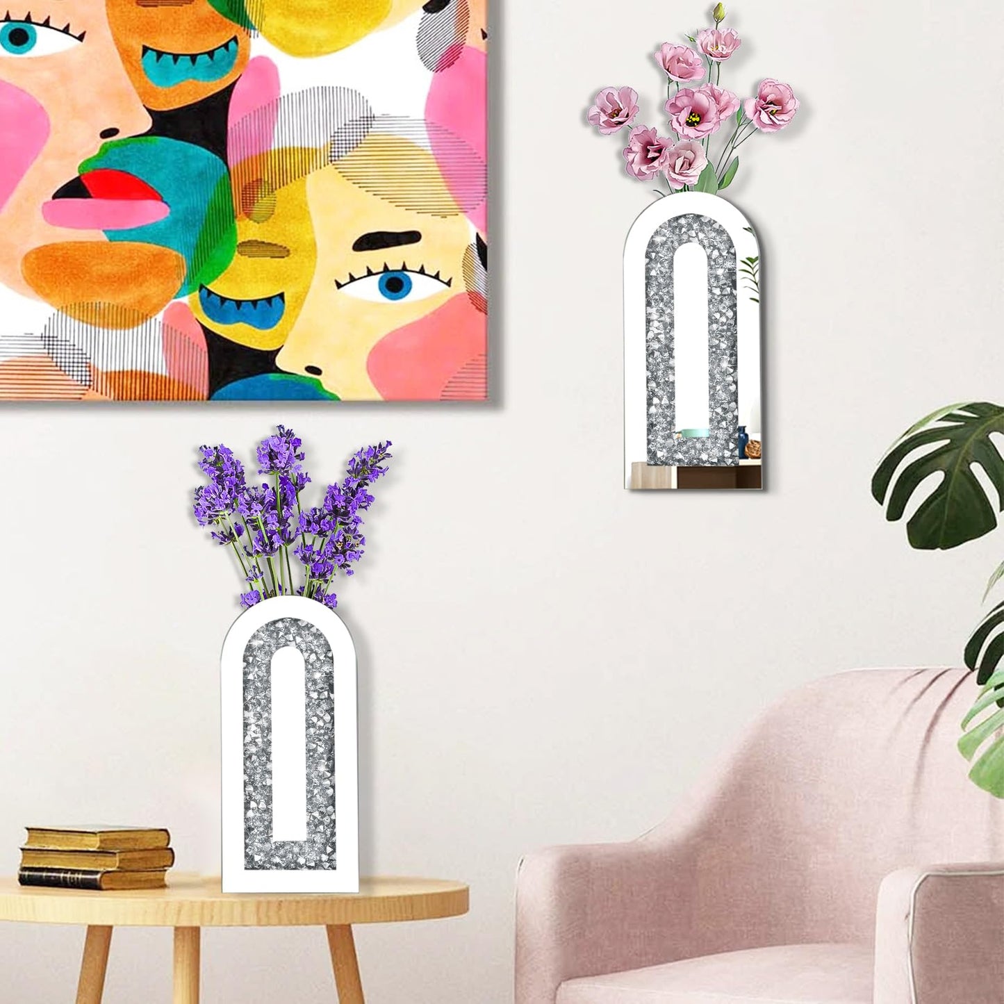 Azonsdop Silver wall Decor Mirrored Vase Set of 3,Crystal Crush Diamond Flower Vase,Stunning Decorative Glass Hanging Planter & Container for Home Wall Decor.Befit for Faux Plants.Can't Hold Water.