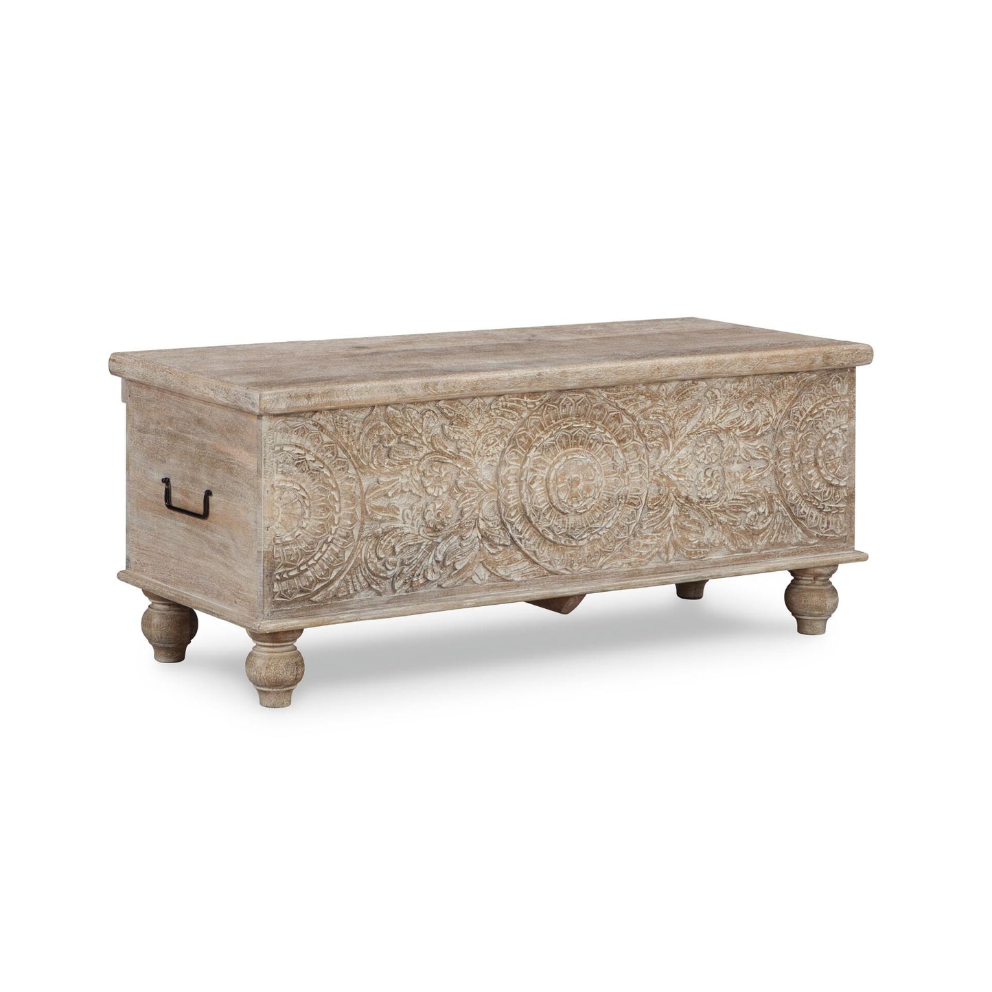 Signature Design by Ashley Fossile Ridge Boho Carved Wood Storage Bench with Hinge Top, Beige