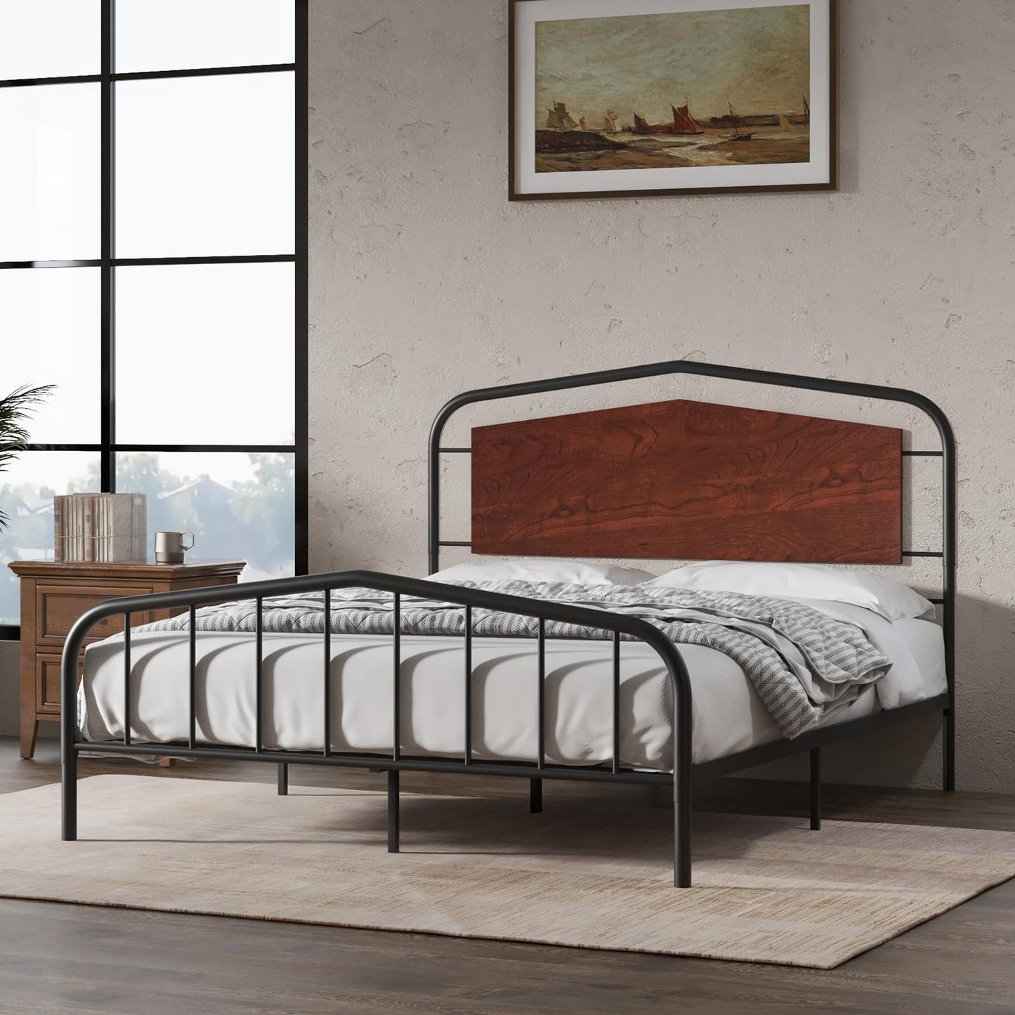Gyabnw Full Bed Frame, Full Size Bed Frame, Heavy Duty Metal Platform Bed Frame with Round Corners, /No Box Spring Needed/Wooden Headboard/Noise-Free, Walnut