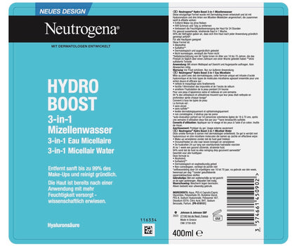 Neutrogena Hydro Boost Micellar Water, Effective Face Cleansing with Hyaluronic Acid, Gentle Makeup Remover, Moisturising Micellar Cleansing Water for All Skin Types (400 ml)