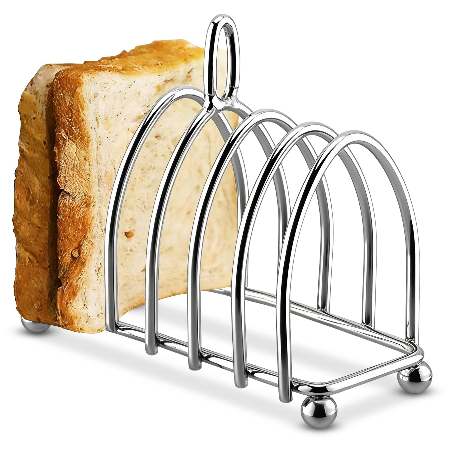 Frdhee Toast Rack English Style, 6 Slice Bread Holder, Stainless Steel Toast Holder Stand with Ball Feet, Vintage British Bread Loaf Grid Cooling Station with Handle for Kitchen Bakeware