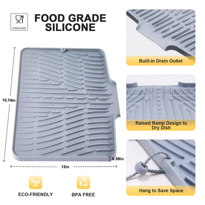 Silicone Dish Drying Mat for Kitchen Counter,Non-Slip Dish Drying Pad with Drain Lip,Heat Resistant Sink drying Mat for Dishes,Large Rubber dish drain mat dish rack mat (Grey,15.8"x13")