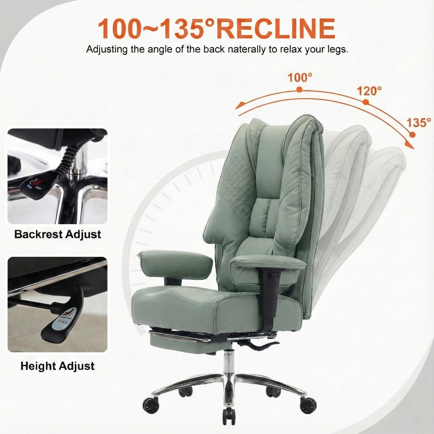 EXCEBET Big and Tall Office Chair 400lbs Wide Seat, Leather High Back Executive Office Chair with Foot Rest, Ergonomic Chairs Lumbar Support for Lower Back Pain Relief (Light Green)