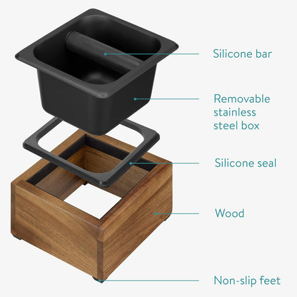 Navaris Coffee Knock Box, Stainless Steel and Wood Bin for Espresso Machine Coffee Grounds with Silicone Bar for