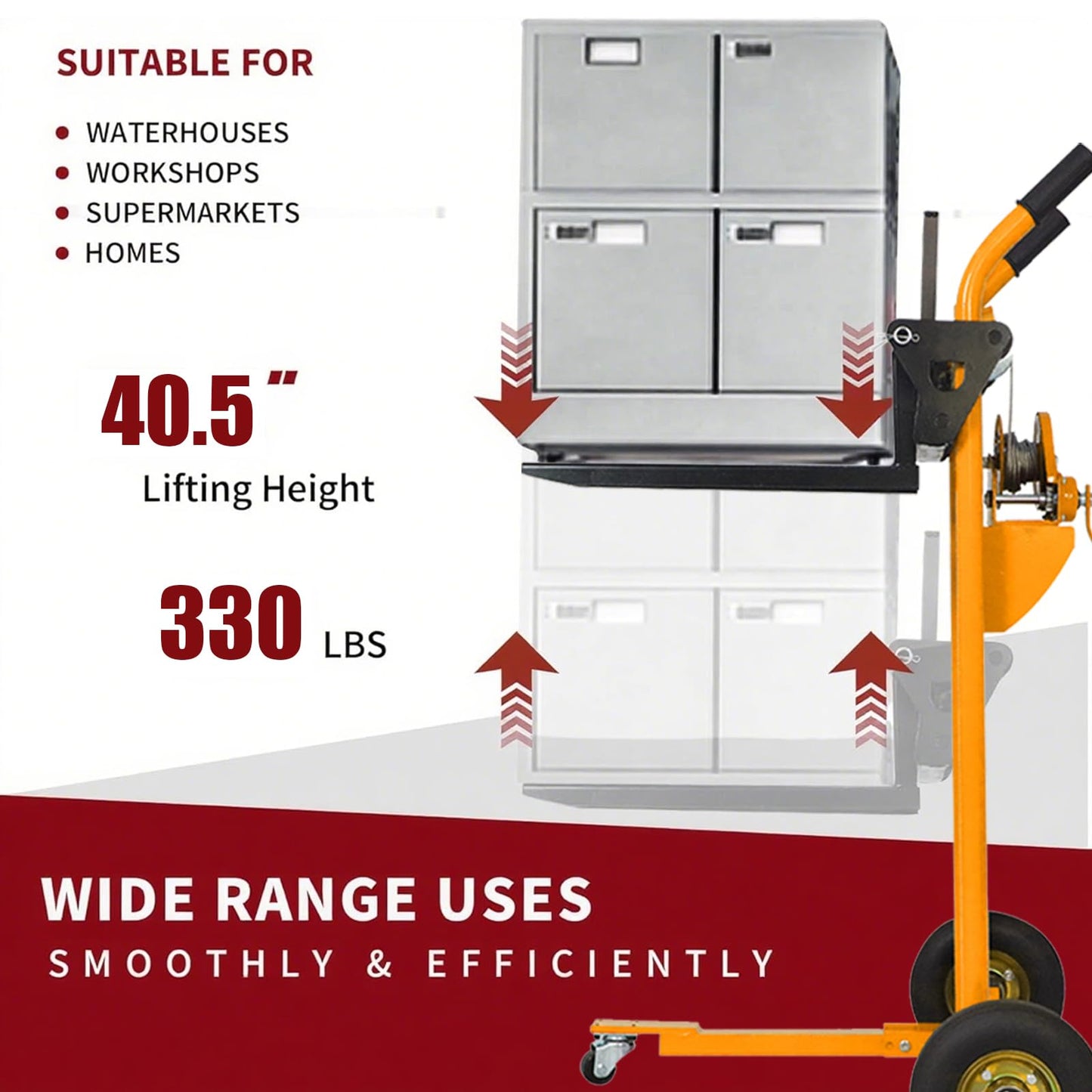 Tory Carrier Winch Stacker Material Lift Dolly, Pallet Truck Dolly 330 lbs, 40.5" Max Lift with Swivel Casters and 8.8" Rear Wheels, Pallet Stacker Pallet Jack with Steel Plate(Yellow)