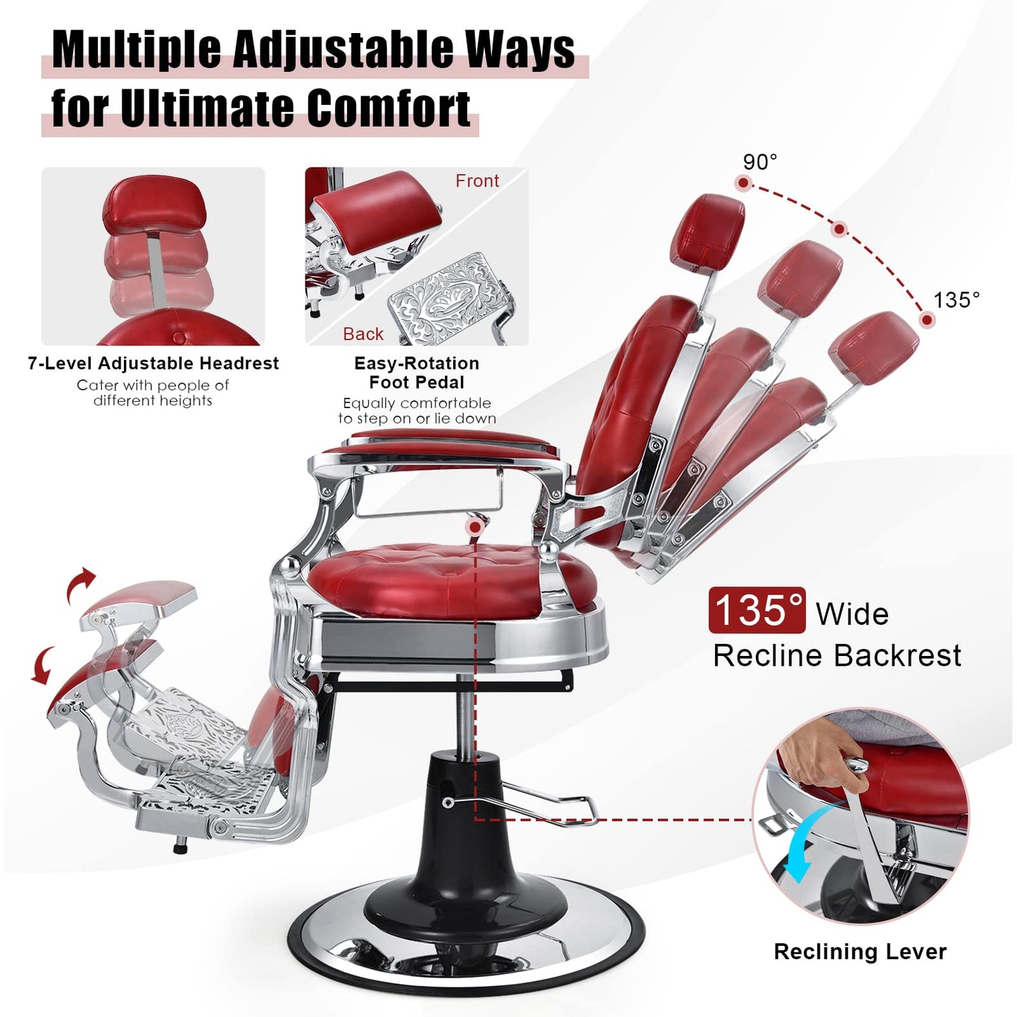 GLOBALWAY Vintage Barber Chair, Salon Chair, Hydraulic Recline Beauty Spa Styling Equipment W/Adjustable Height & Headrest, Rotated Foot Pedal, Hairdressing Tattoo Beauty Spa Equipment (Red)