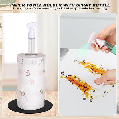 Stainless Steel Paper Towel Holder with Spray Bottle - One Hand Tear Stand for Kitchen Bathroom Countertop
