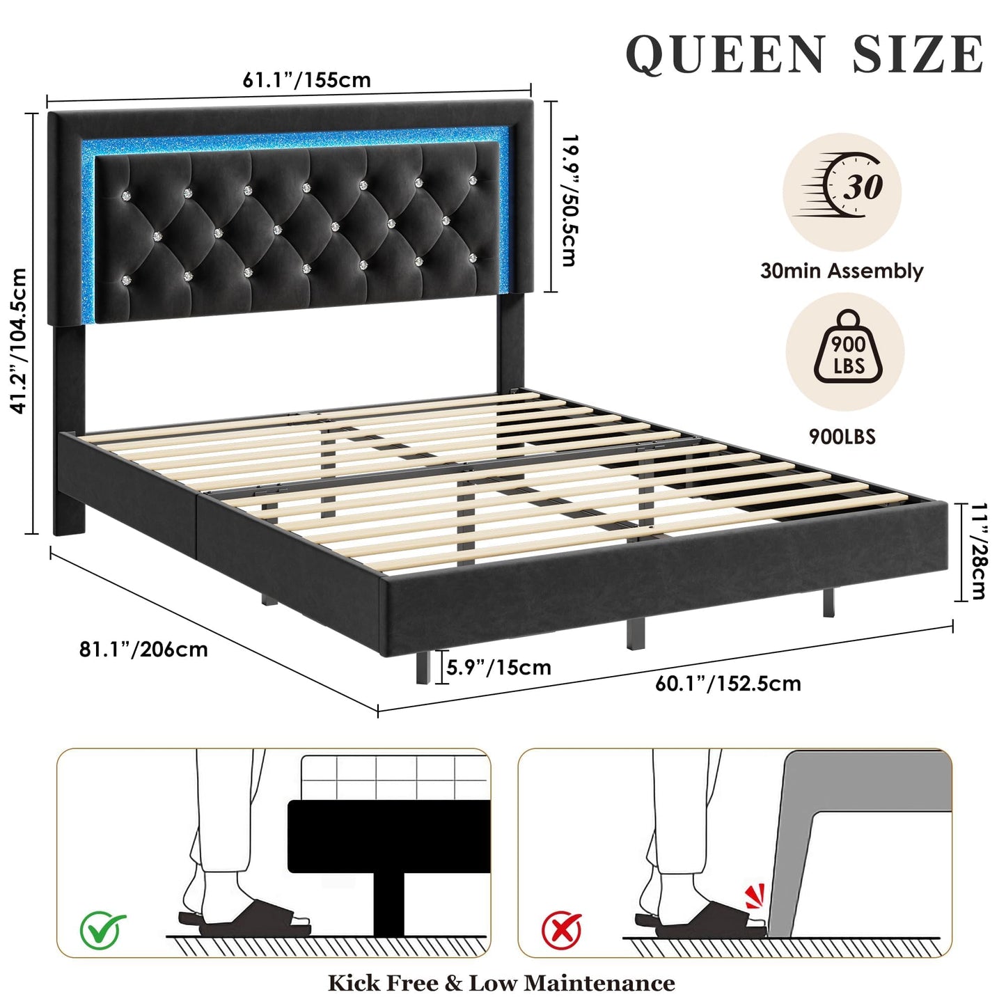 Floating Queen Platform Bed Frame with Smart LED Lights – Modern Diamond Upholstered Headboard, Noise-Free Wood Slats, Under-Bed Storage, Easy Assembly, Contemporary Bedroom Furniture，Queen Black
