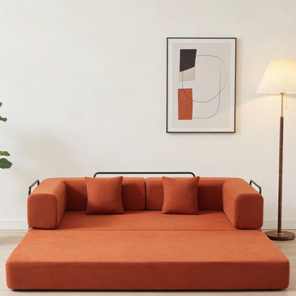 KEIKI 78” Futon Sofa Bed, 4-in-1 Folding Convertible Corduroy Sleeper Sofa, Boneless Couch for Living Room with Supportive Metal Frame, Modern Floor Lounge for Relaxing Reading Napping, Orange