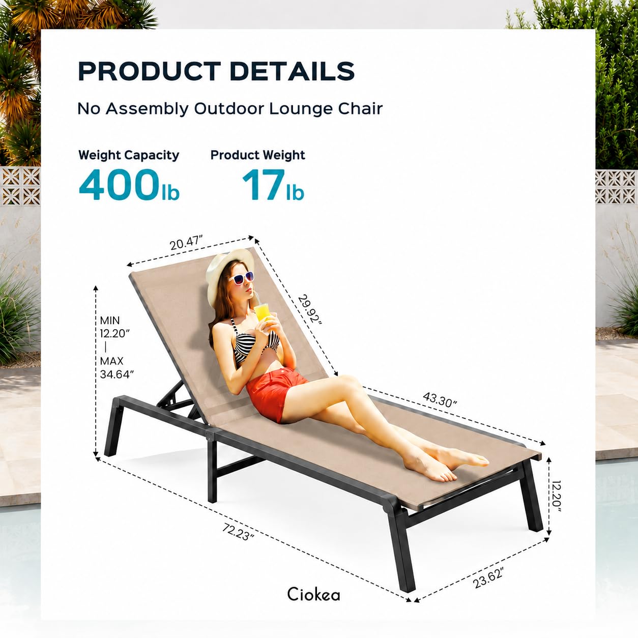 Ciokea Patio Chaise Lounge Chair, Foldable Lounge Chair for Outside, Aluminum Chairs Set of 2 with 5 Adjustable Backrest, Outdoor Pool Lounger for Poolside, Lawn, Deck, Khaki