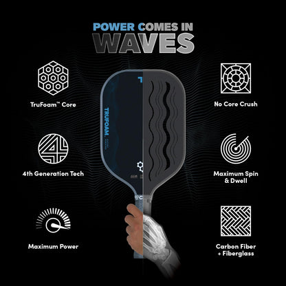 CRBN Pickleball - TruFoam Waves Paddle - Elongated w/Long Handle - Carbon Fiber Pickleball Paddle - 100% Foam Core Designed for Maximum Power, 14mm