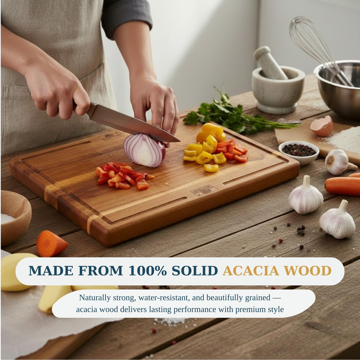 Bearchop Acacia Wood Cutting Board Set of 3 with Storage Stand, Reversible Wooden Cutting Boards for Kitchen with Deep Juice Grooves, Premium Wood Cutting Board Set for Prep, Serving & Gifting
