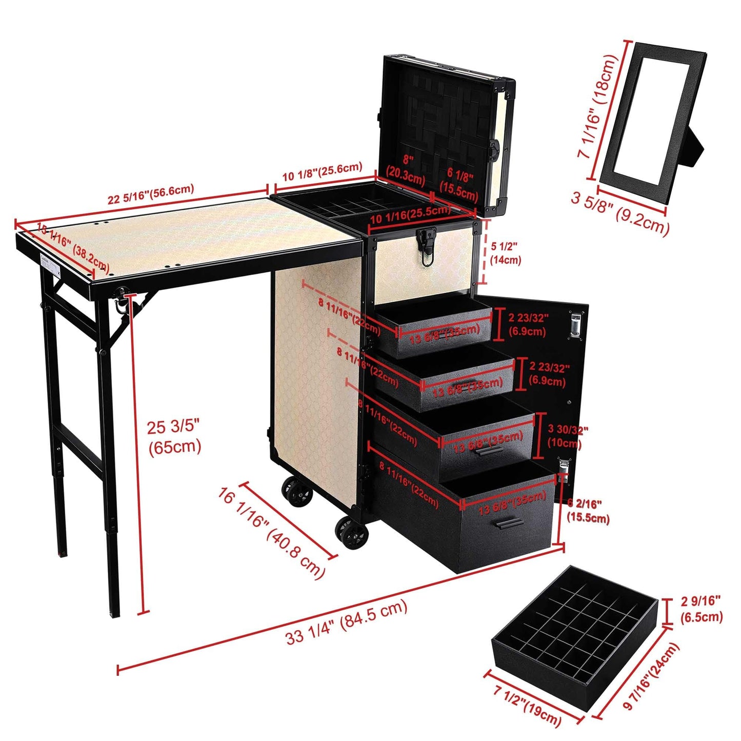 BYOOTIQUE Rolling Manicure Table Nail Station with Handle Foldable Nail Table Rolling Makeup Case with 4 Drawers Traveling Manicure Case on Wheels for Nail Tech, ForgetMeNot Apricot