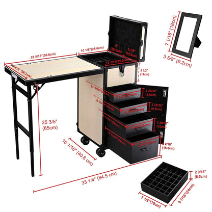 BYOOTIQUE Rolling Manicure Table Nail Station with Handle Foldable Nail Table Rolling Makeup Case with 4 Drawers Traveling Manicure Case on Wheels for Nail Tech, ForgetMeNot Apricot