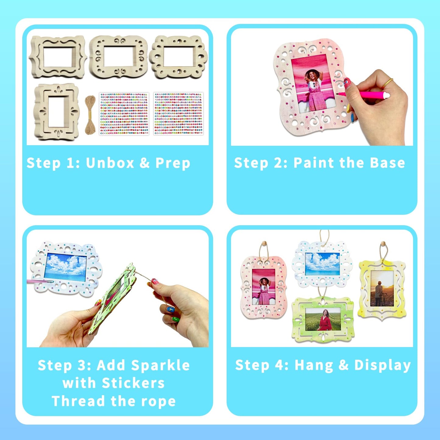 KitsyKraft DIY Wooden Photo Frame Craft Kit - 24 Pcs Unfinished Frames, 2 Rhinestone Sheets & 10m Twine for Personalized Home Decor